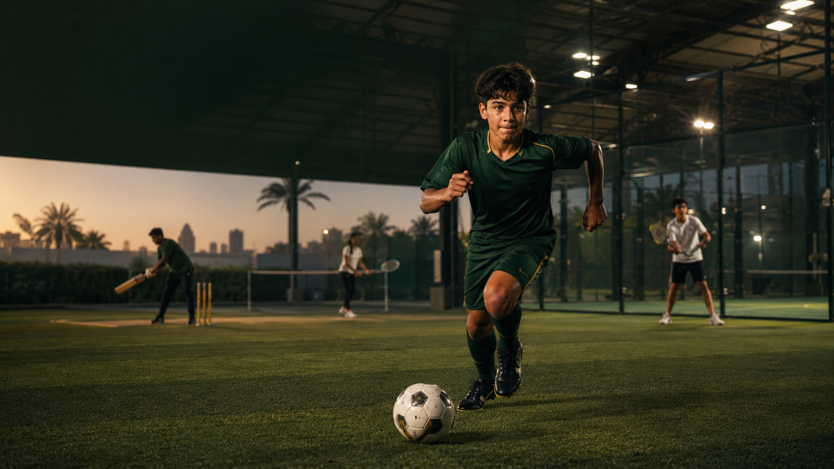 Youth football player training in a multi-sport venue
